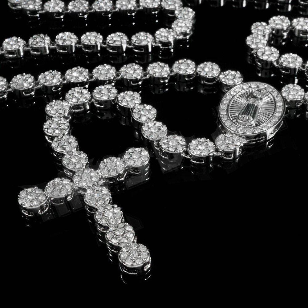 Mens Iced Rosary Necklace Cluster Cross Necklace